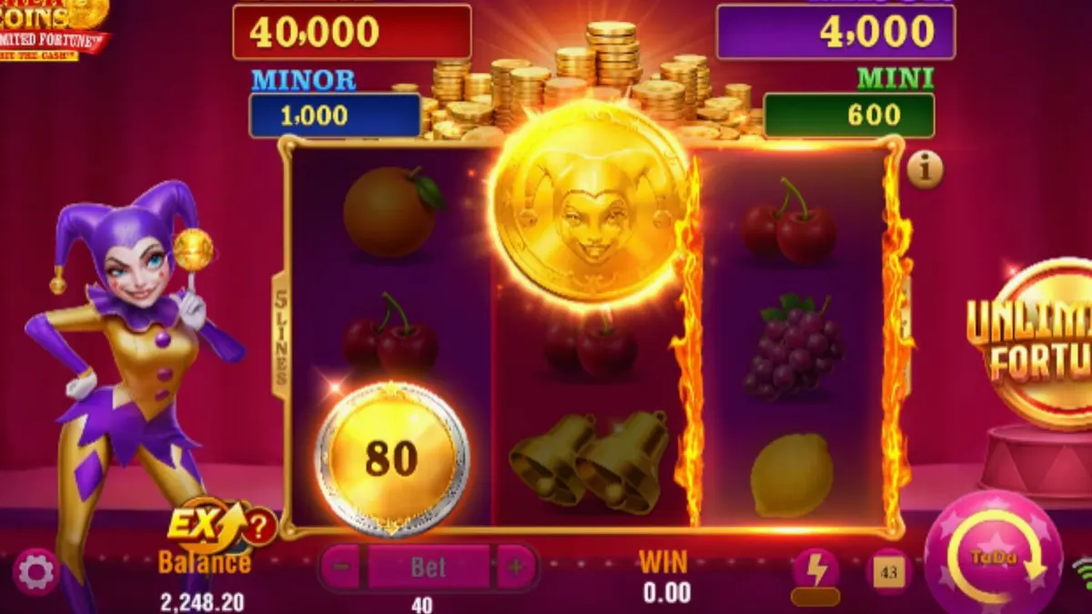 Tampilan visual slot Joker Coins Unlimited Fortune dengan tema neon retro