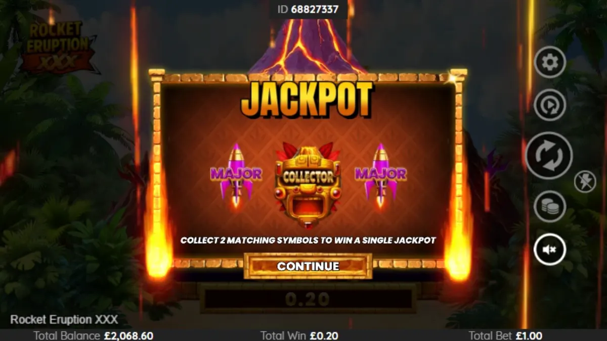 Tampilan visual slot Rocket Eruption XXX dengan tema gunung berapi dan simbol retro